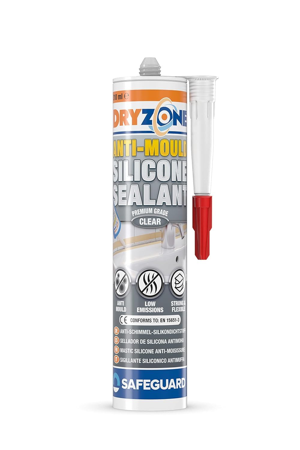 Dryzone Anti-Mould Silicone Sealant Clear, Waterproof Premium Sanitary-Grade, Low VOC Sealant for Bathroom and Kitchen