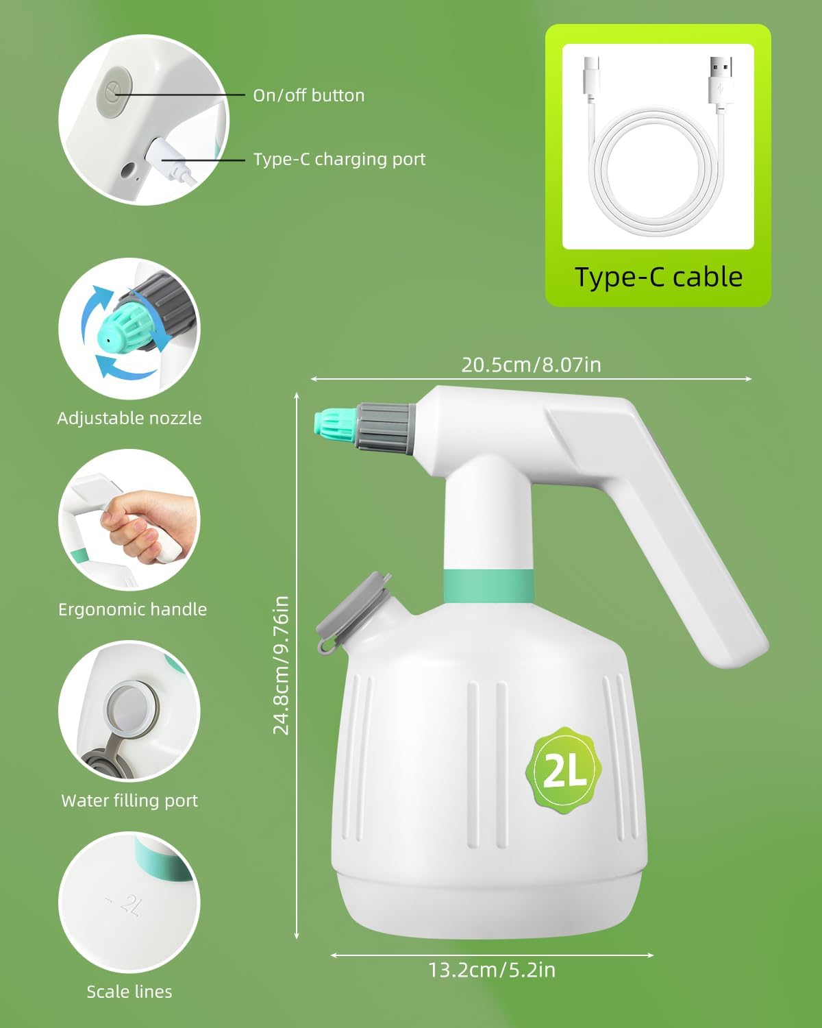 Uten Cordless Electric Sprayer - 2L Rechargeable Electric Spray Bottle, Lightweight Portable Sprayer, Multi-Use for Cleaning, Watering, Disinfecting - Image 2