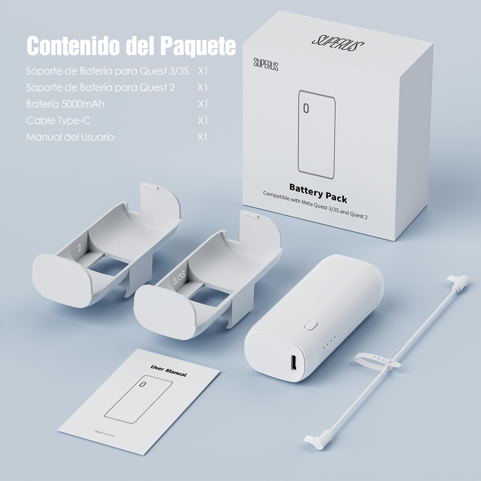 SUPERUS Paquete de batería para Meta Quest 3/3S y Oculus Quest 2, 5000 mAh, PD20W de carga rápida, tiempo de reproducción extra de 2 a 3 horas, compatible con correas originales y Elite, accesorios de