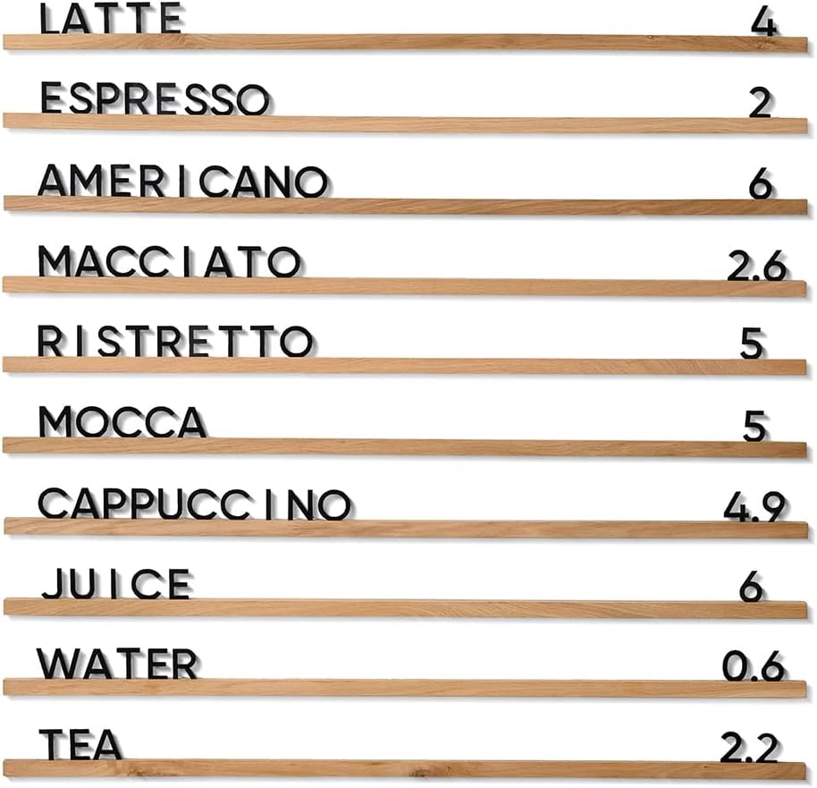 Inko Horeca Wooden Wall Letter Board - Set of 10 Oak Rails + 400 Changeable Black Letters - Floating Wall Menu Display Shelf for Cafe, Bar, Kitchen, and Home Decor