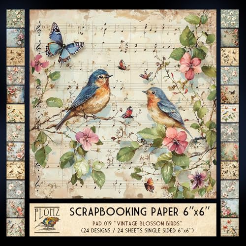 Papier pour scrapbooking 15cm tons pastel âgés motifs oiseaux floraux