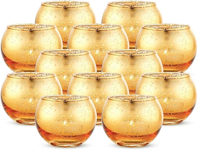 Nuptio 12 Pcs Round Mercury Votive Candle Holder, Mercury Glass Tealight Candle Holders with A Speckled Gold Finish, Tea Light Holder for Your Wedding Christmas Halloween Dinning Home Decorations