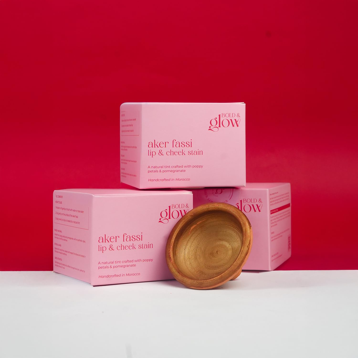 Bold & Glow Aker Fassi Moroccan Lip and Cheek Tint, Natural Red, Clay Pot, Poppy Flower & Pomegranate, Long Lasting, 90g