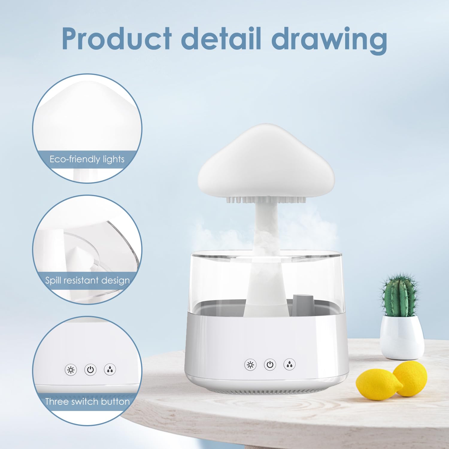 Humidificateur Nuage de Pluie, 450ML Rain-Cloud humidificateur avec 7 lumières LED de Couleur pour Maison, Bureau, Chambre, la Relaxation, Dormir (Blanc)