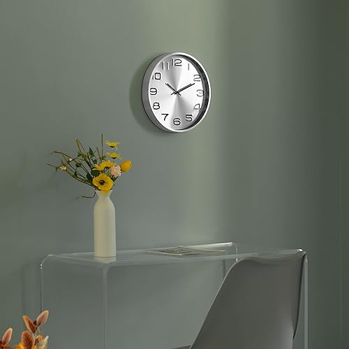 Vista 2 de Reloj de pared redondo de aluminio decorativo moderno para sala de estar, cocina, comedor, plata