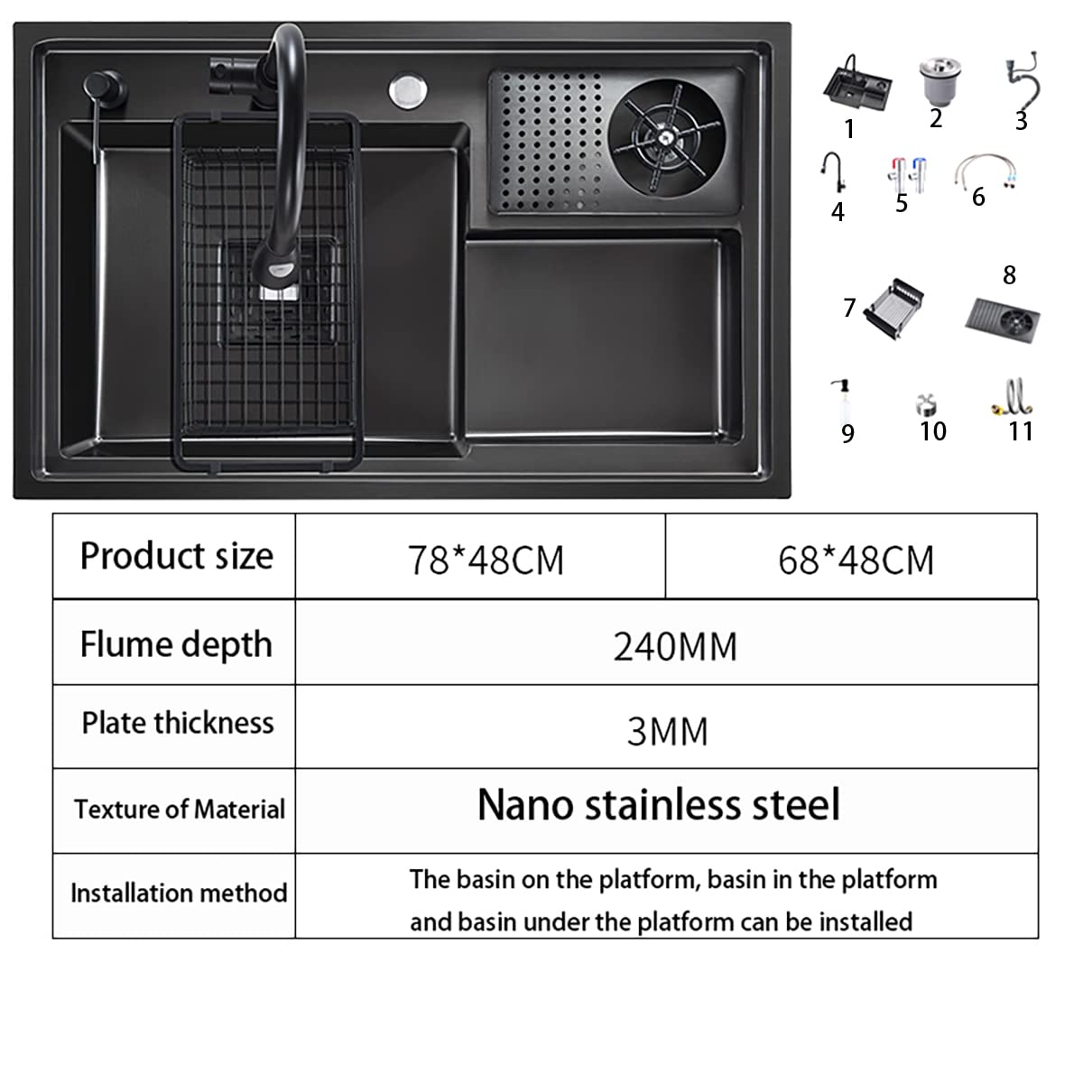 Lavabo in acciaio inox con vassoio per tazze, lavabo ispessito bar caffetteria, lavello nano multifunzionale da cucina, lavello per auto da turismo, 78 cm (68 cm)