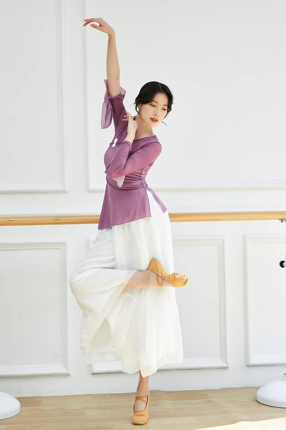Angcoco Women's Chinese Traditional Long Sleeved See-Through Sheer Mesh Stretch Chiffon Dance Top