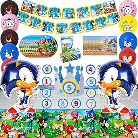 Newtic 65PCS Sonic Geburtstagsfeierdekoration, Sonic Partygeschirr Set, Sonic Kindergeburtstag Deko, Geburtstagskrone Kinder, Enthält Becher, Tischdecken, Teller, Servietten Cover