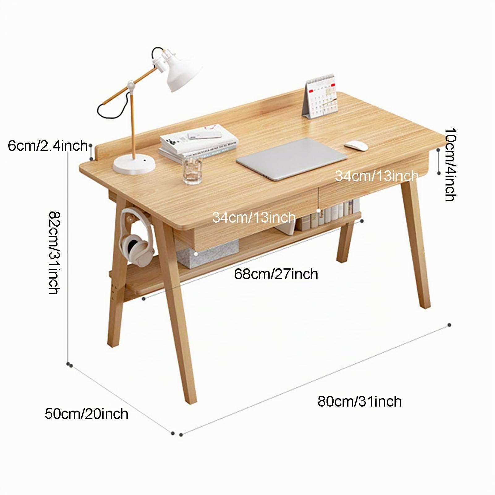 Nileco Mid-Century Modern Schreibtisch, Home-Office-Schreibtisch mit 2 Schubladen und Ablage, einfacher Arbeits-/Studiertisch, PC-Tisch, Workstation für kleine Räume (80 x 50 x 82 cm, Holz)