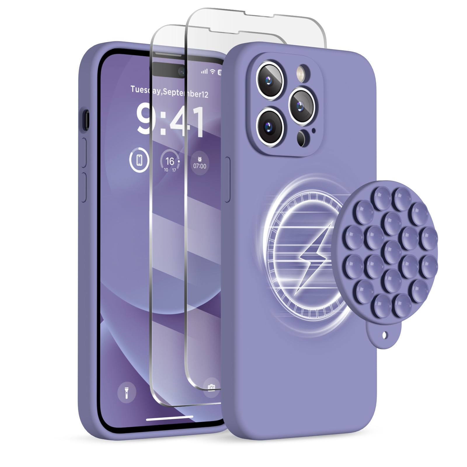 HSAOHD Magnetic for iPhone 14 Pro Max Case, Compatible with MagSafe, [Full Camera Protection][2 Screen Protectors], Suction Cup Phone Mount Silicone