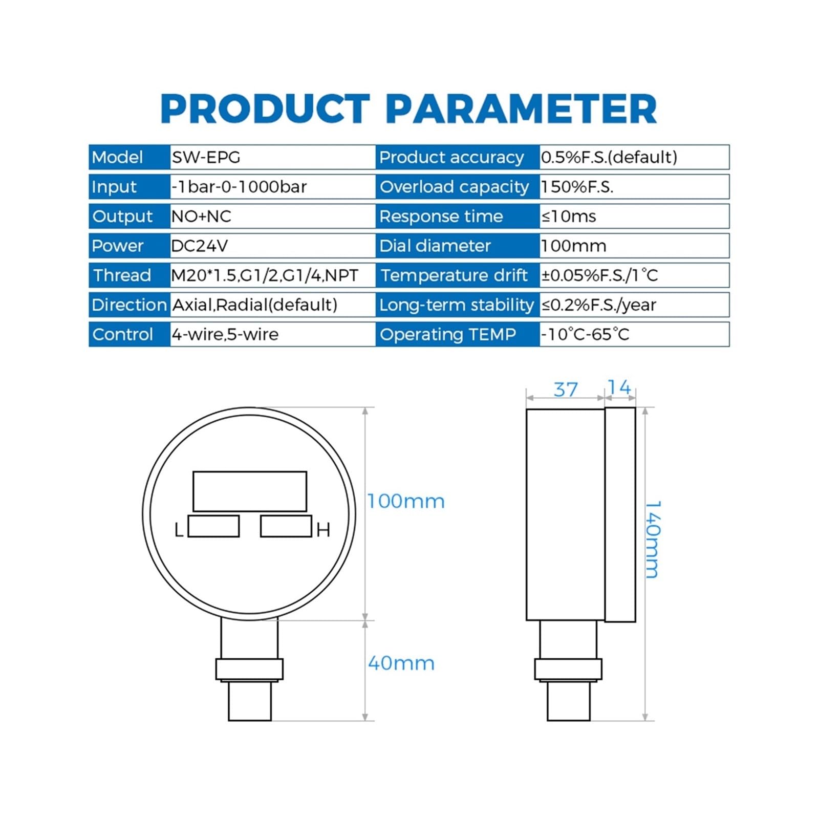 Manometro, Contatto elettrico Manometro Acqua Gas Sensore di pressione 'olio Limite superiore e inferiore Display a LED Uscita di commutazione di controllo 24 V CC(NPT1-2 DC24V,0-16bar)