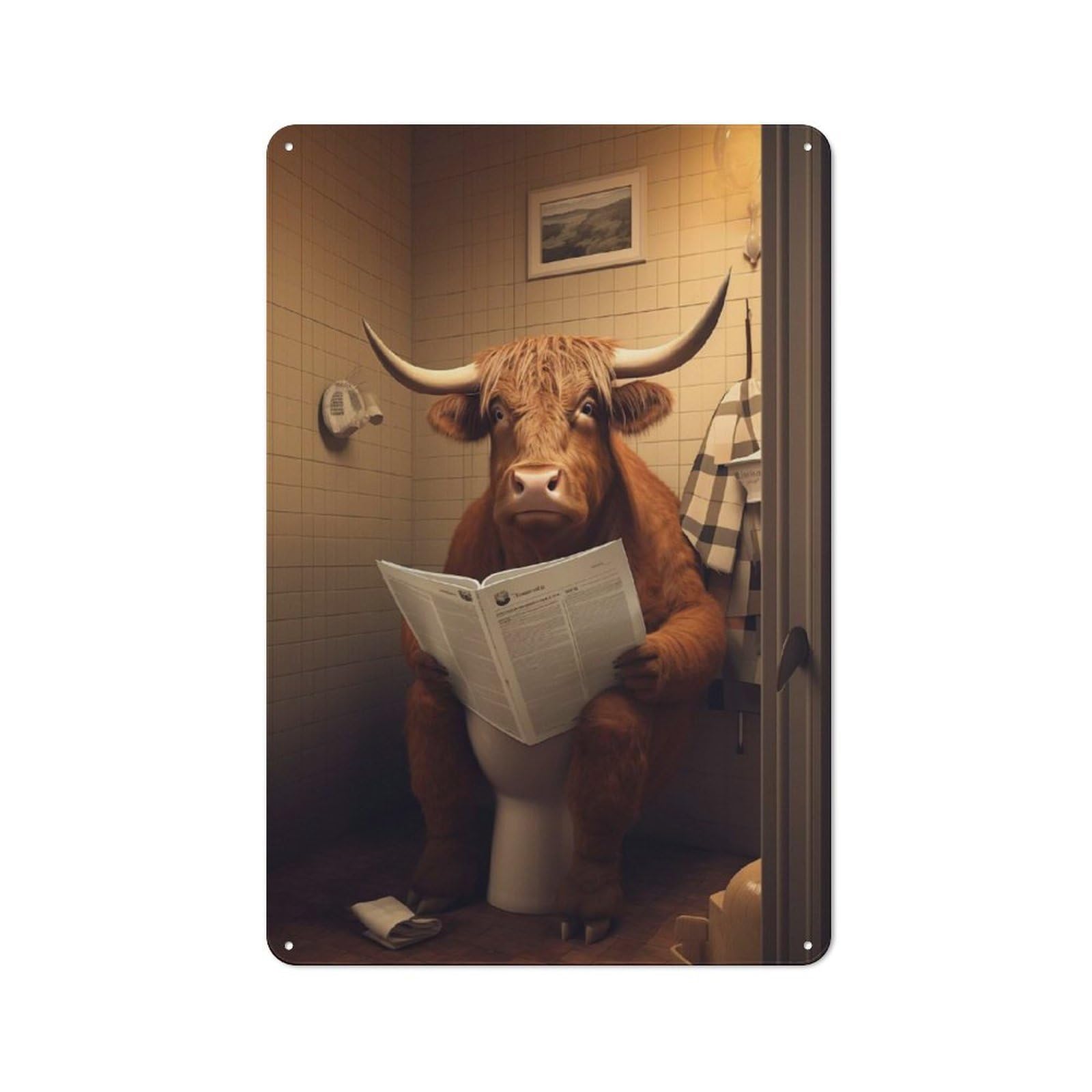 Junmoney Style-16 Classic Highland Cow On The Toilet Metal Gift Sign 30X20cm, Small Space Decor For Home, Shop, Pub Or Studio Wall