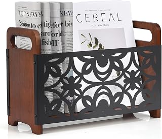 QILICHZ Rustic Wood Magazine Holder Rack - Farmhouse Floor Organizer for Books, Newspapers, Files & Mail with Lotus Pattern