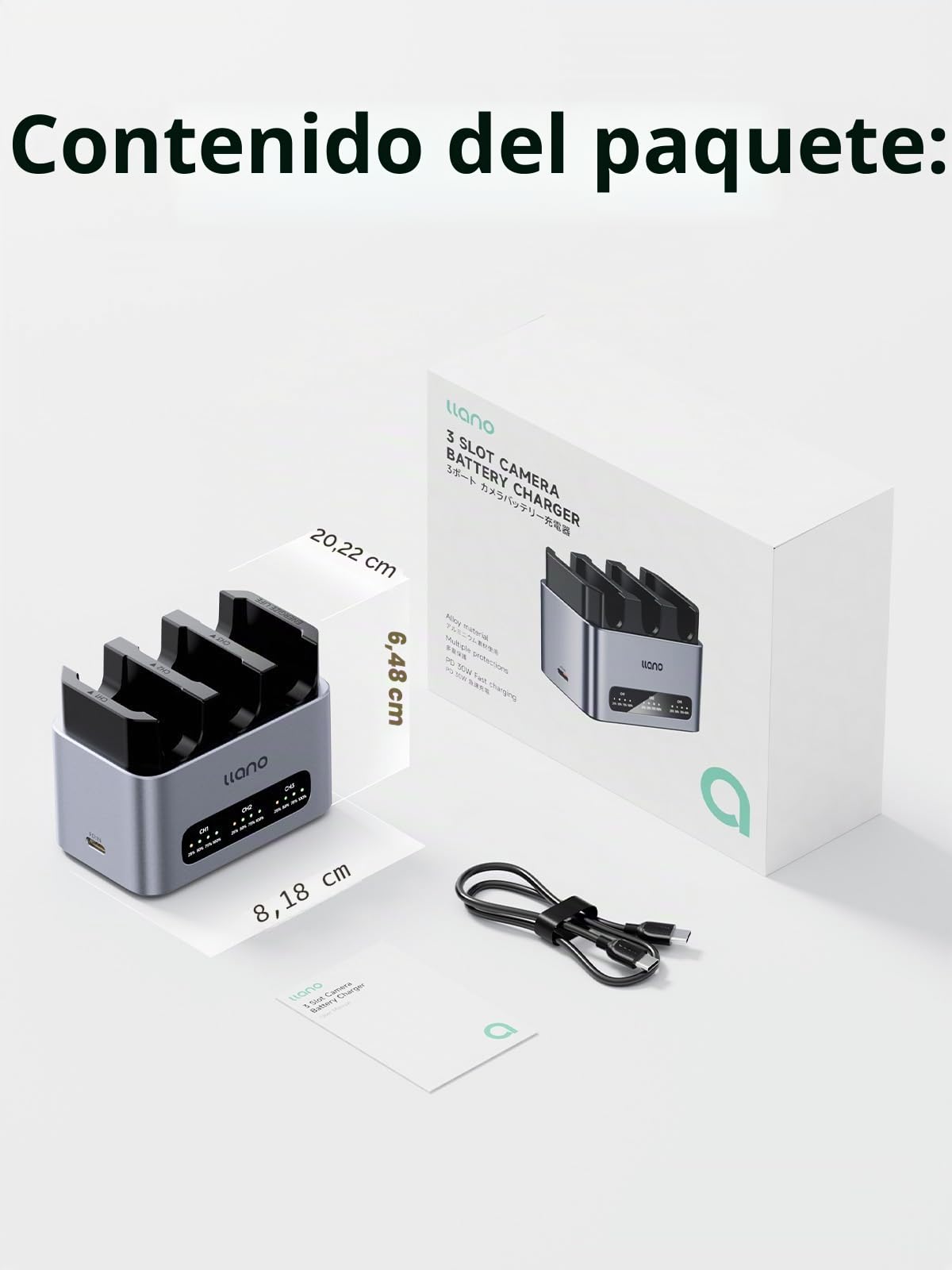 llano 30W NP-FW50 Cargador Rápido de Triple Ranura para Sony Batería de Cámara A6000, A6400,ZV-E10,A6100,A6500,A6300, A7,A7II, A7R,A7RII, A7S,A5000, A5100,USB-C, indicador LED, carcasa de aluminio CNC