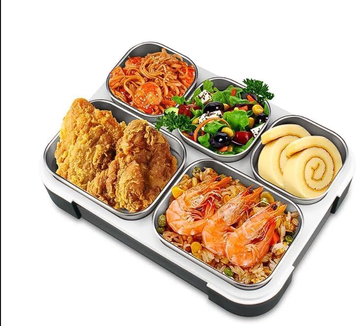 SCHOLARLY Bento Style Lunch Box for Adult Kids Portable Snacks Box with Bag Stainless Steel 5 Compartments Sealed Leakproof Containers for Office, School Use (Multicolor) - Image 8