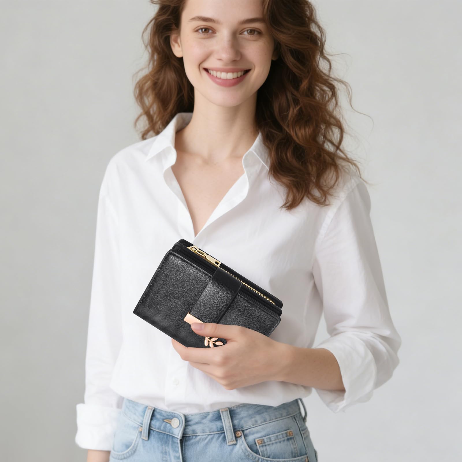 REETEE Portafoglio Donna Piccolo in Pelle PU, Portafogli Corto con Protezione RFID, Portafoglio da Donna con Cerniera Portamonete e 19 Scomparti per Carte (nero)