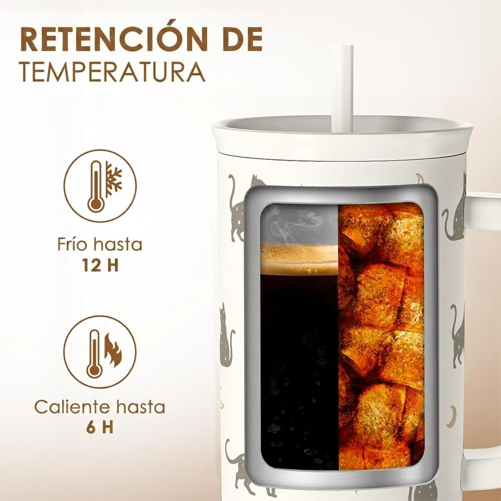 Regalo para los amantes de los gatos, gato mamá, vaso de acero inoxidable de 40 onzas con asa y pajita, taza de café de viaje para mujeres, regalo para cumpleaños, Navidad