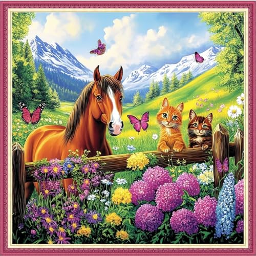 Image of Fanxvivy Stamped Cross Stitch Kits for Beginners Full Range of Cross Stitching Preprinted Embroidery Kits for Adults, 11CT Embroidery Pattern Needlepoint Kits-Grassland Steed Cat 18x18 inch