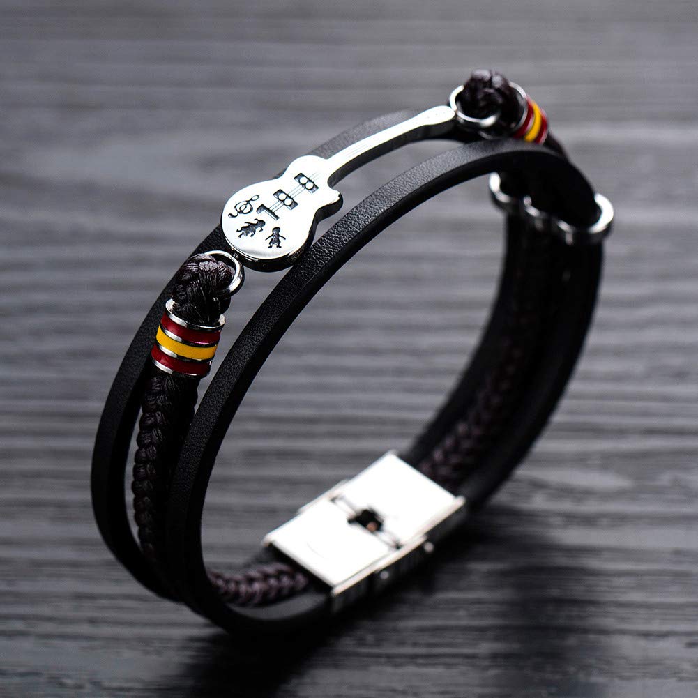 ATEIELLI Bracciale Uomo Chitarra PU Pelle Acciaio Inossidabile 'Musica Serie' 21cm o piu‘ corta JWB306