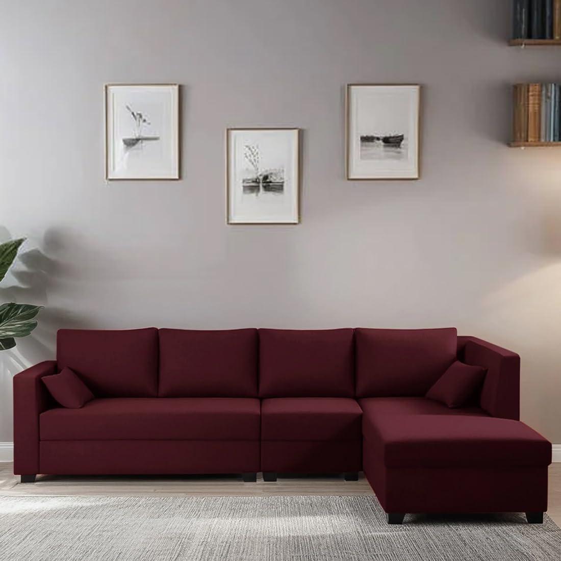 FURNY Ceasaro 6 Seater Fabric Sectional RHS L Shape Sofa Set (Maroon Color)-image-8