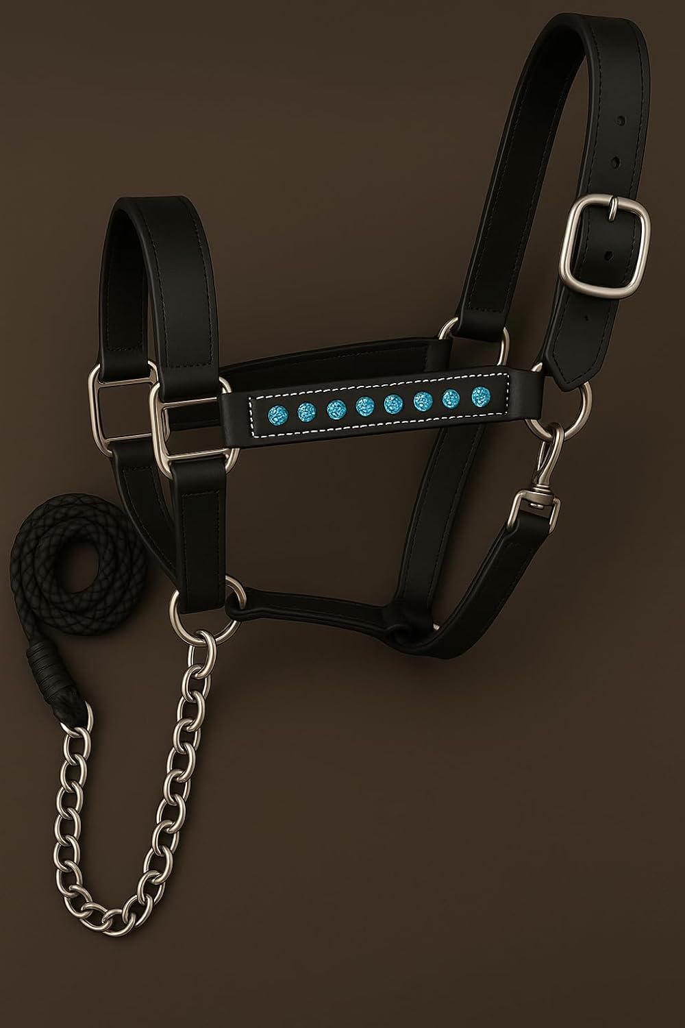 Handcrafted Leather Horse Halter – Tooled Design with Crystals, Cushioned Padding, Adjustable Fit, Chain Lead Pony M80