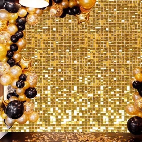 Naozinebi 24PCS Gold Shimmer Wall Backdrop Gold Sequins Backdrop Decoration Panels, Photo Backdrops for Birthday, Anniversary Wedding Engagement Decoration (Gold)