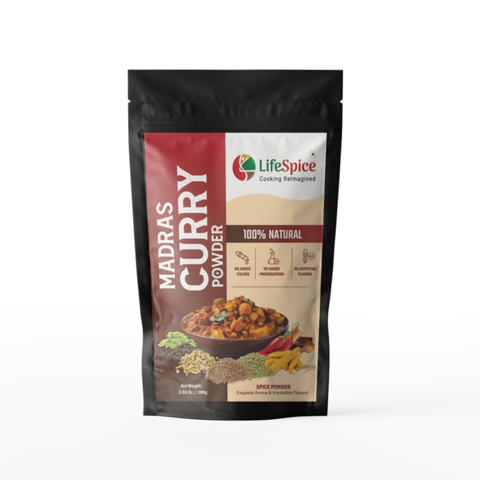 Lifespice Madras curry powder - 100g pouch | With Natural Phytochemicals | In a Easy use Zip-lock pouch