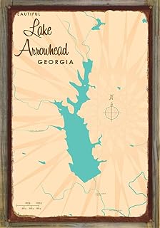 Lakebound Lake Arrowhead Georgia Retro Steel Metal, with Oxidized Border and Mounted on Real Reclaimed Barn Wood, Wall Art Map Poster 24" x 36". Distinctive Wall Decoration for Home, Cabin, or Office