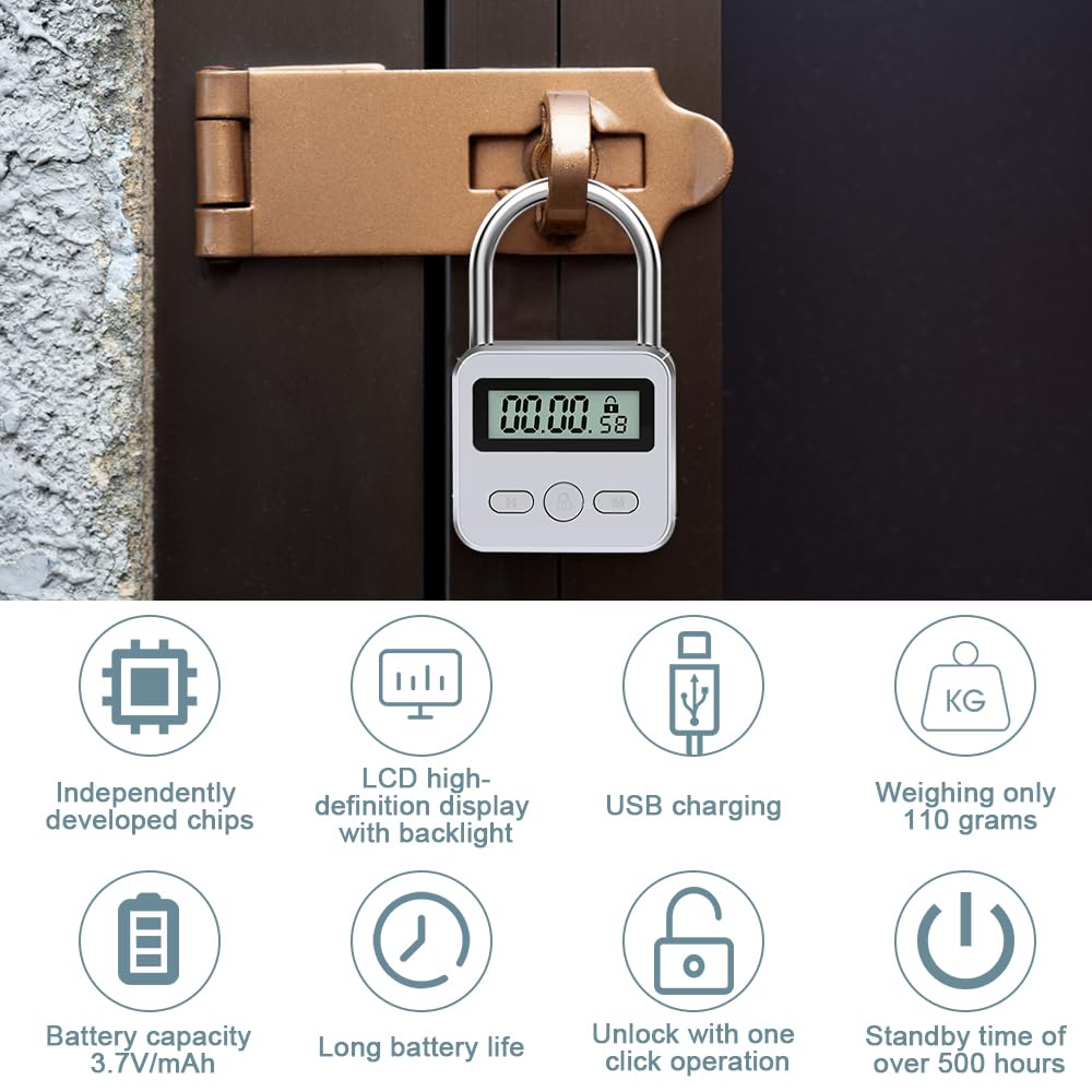 Lucchetto Smart Digitale Con Timer - Blocco Temporizzato USB Ricaricabile Fino A 99 Ore Per Telefono, Sigarette E Snack (Argento) - Foto 2