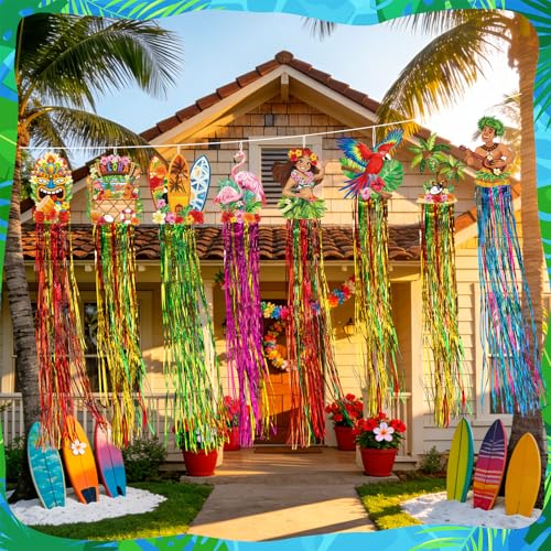 Image of Affrolling 8 Pcs Hawaiian Luau Party Decoration Tropical Tiki Aloha Flamingo Decorations with Tassels for Hawaii Luau Tropical Birthday Party Supplies 3.3 ft Outdoor Summer Door Banner Sign Decor