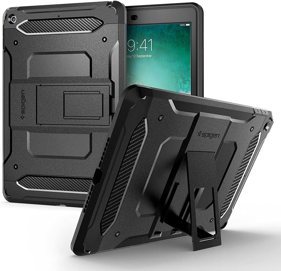 Spigen Apple iPad 9.7 inch (2017) Tough Armor TECH kickstand cover/case - Black - Full Cover with Tempered Glass Screen Protector