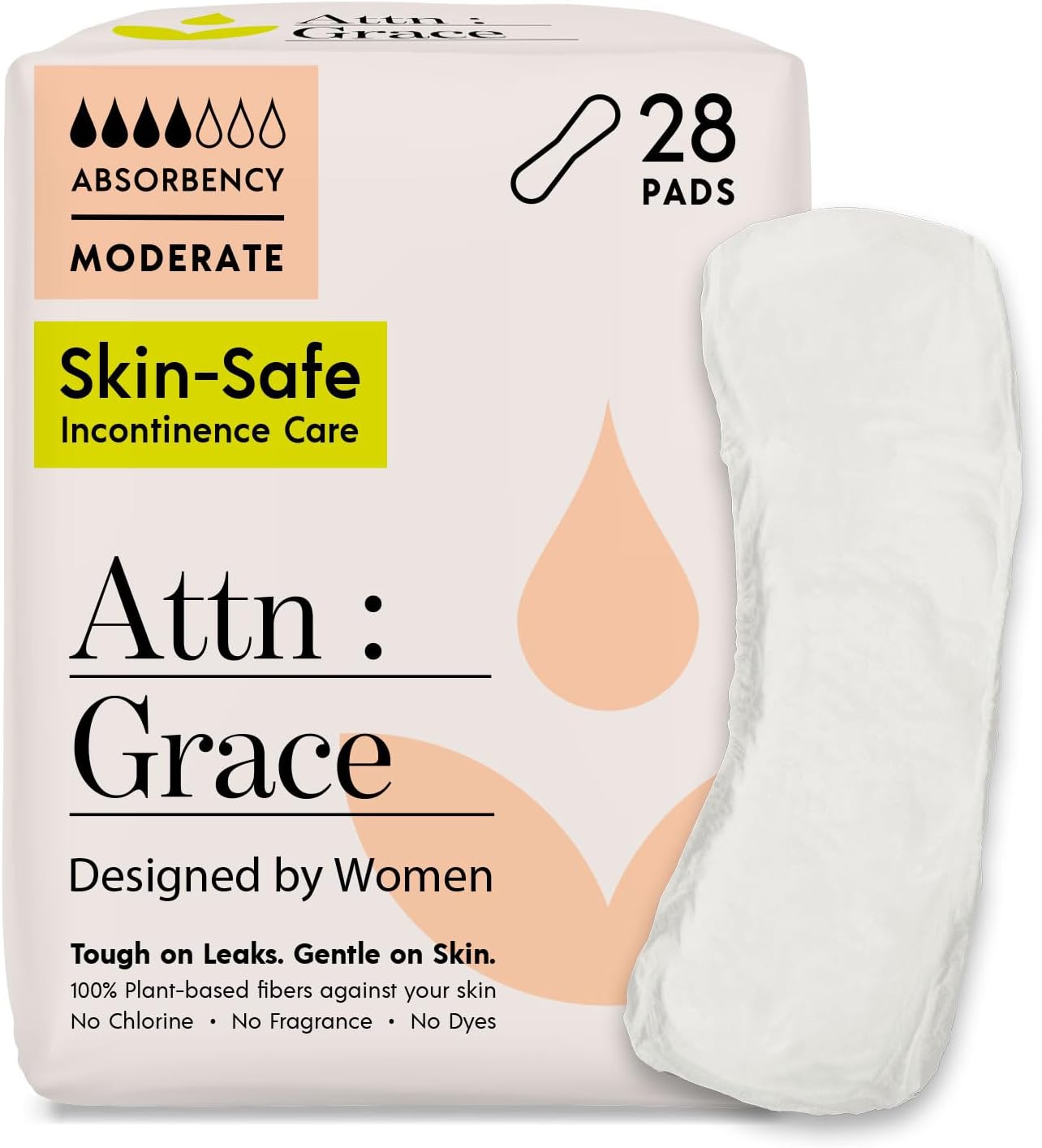 - Attn: Grace Moderate Incontinence Pads for Women, 28-Pack - Plant-Based, High Absorbency, Breathable - Incontinence Pads for Moderate Bladder Leaks & Sensitive Skin
