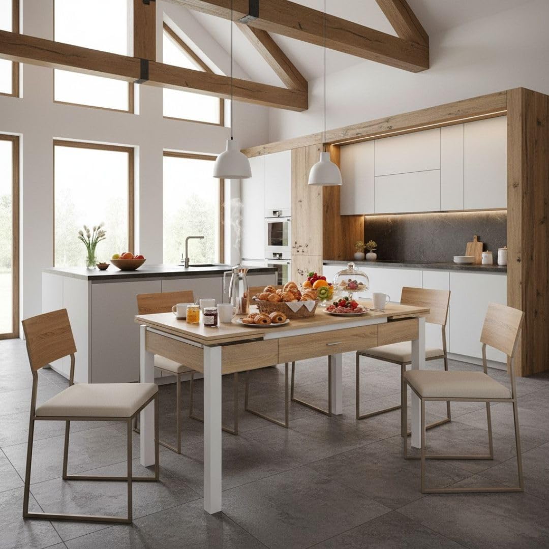 Mesa Cocina Extensible - Medidas 100/150X60x75 cm. - Mesa de Cocina con cajón - Disponible en Color Blanco y Roble. (Madera)