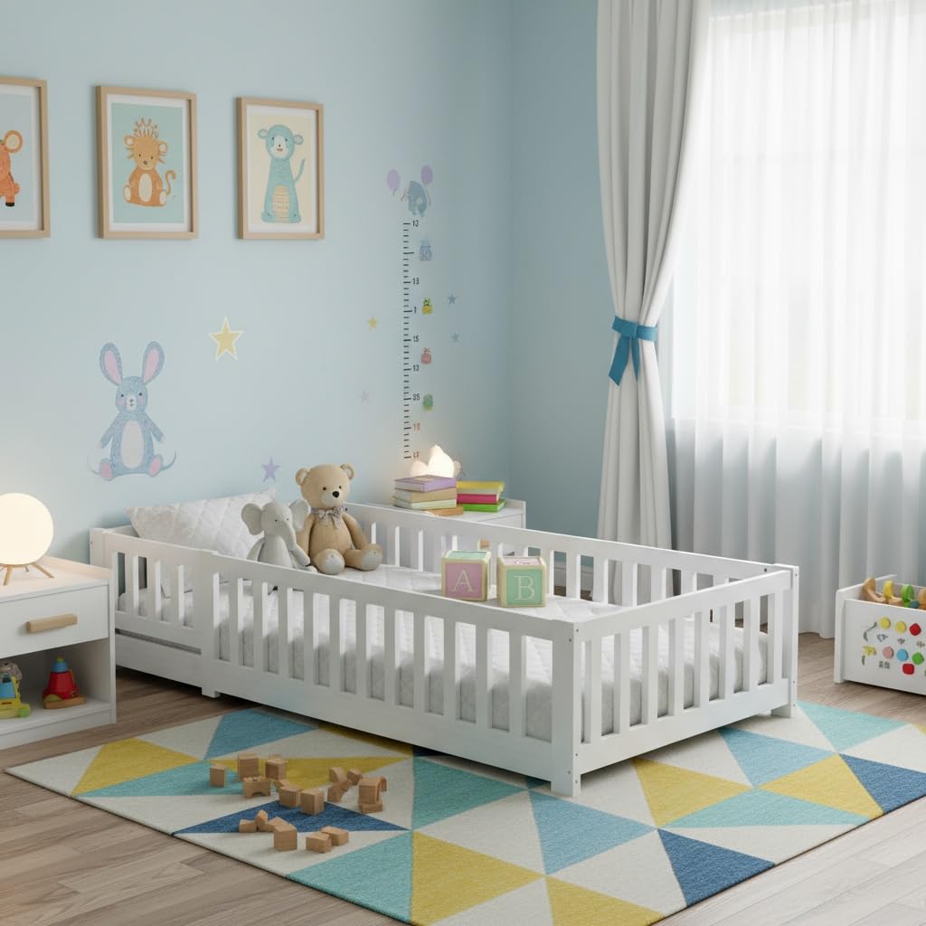 Montessori łóżko podłogowe, 90 x 200 cm, z ochroną przed upadkiem i stelażem listwowym, łóżko pojedyncze z litego drewna sosnowego, lakierowane na biało