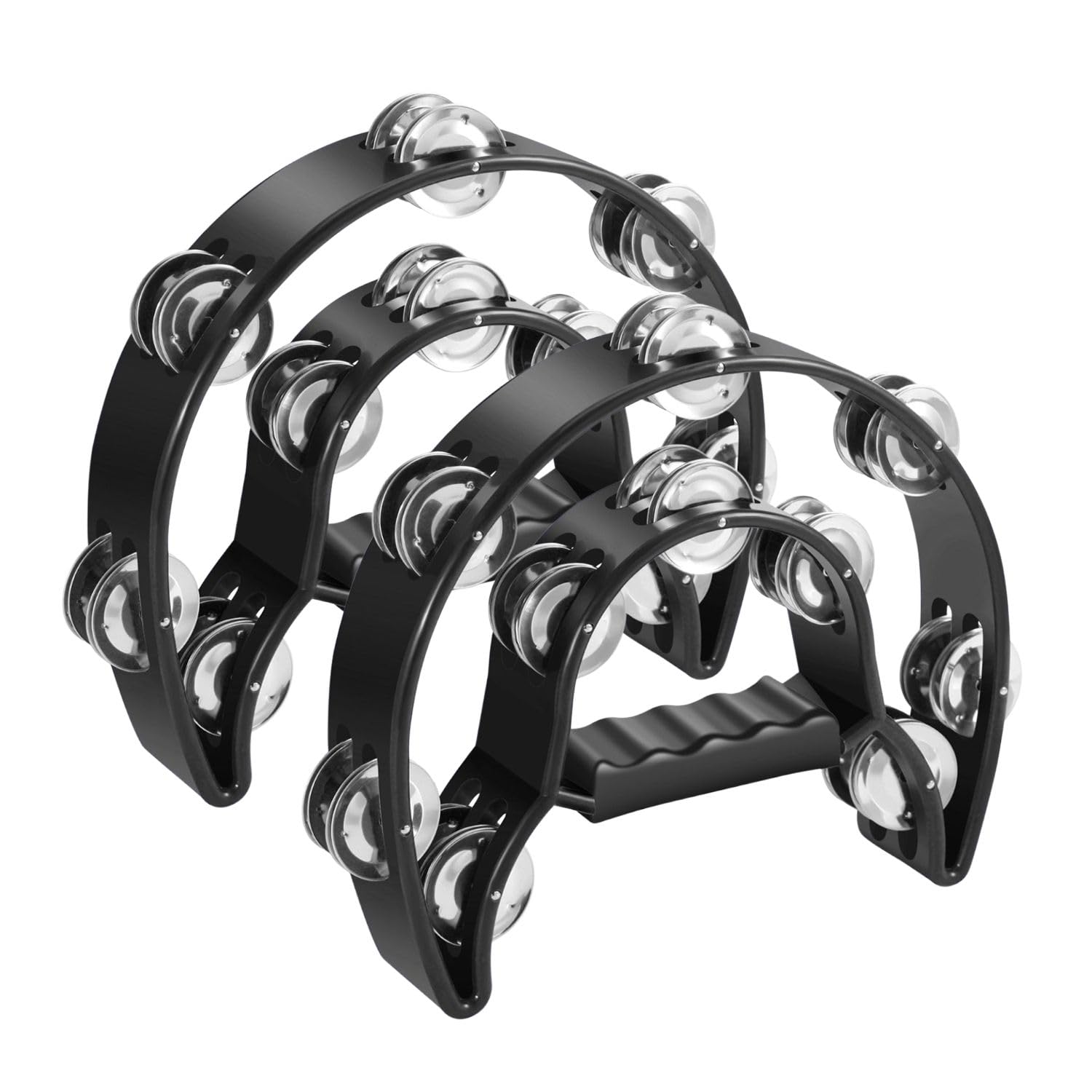 Flexzion Tambourine Metal Half Moon Musical Instruments Double Row Metal Jingles Hand Held Instruments Percussion with Ergonomic Handle