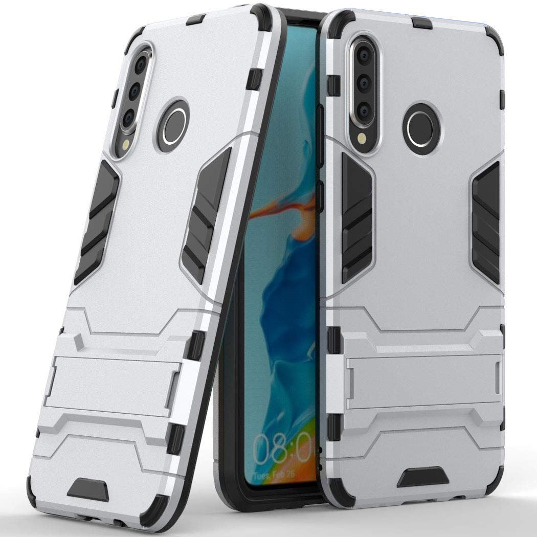 Case for Huawei P30 Lite/Nova 4E (6.15 inch) 2 in 1 Shockproof with Kickstand Feature Hybrid Dual Layer Armor Defender Protective Cover (Silver)