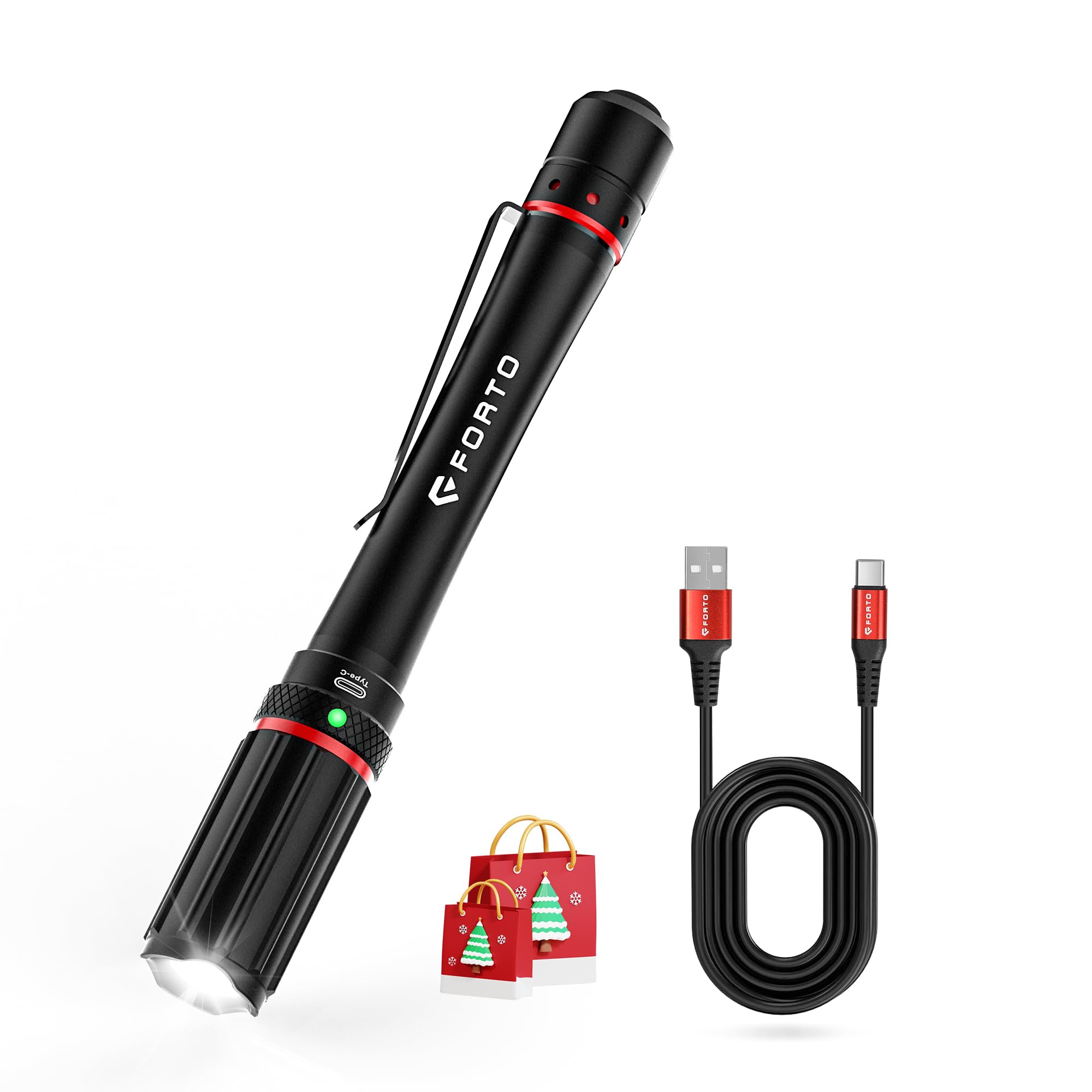 FORTO Rechargeable Pen Light Flashlight, 350 Lumens Handheld Small Pocket Flashlights with Clips, IPX7 Water-Resistant, 3 Light Modes