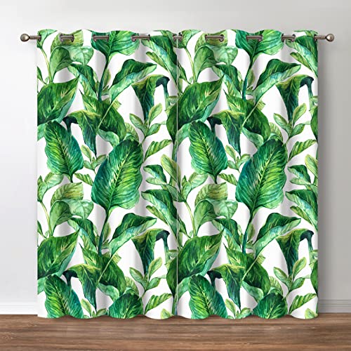 Jekeno Rainforest Leaves Blackout Curtains - Tropical Palm Leaf Nature Green Plant Print Darkening Privacy Drapes Decor Bedroom Living Room Apartment Grommet Window Treatments 2 Panels Set, 52"x84"