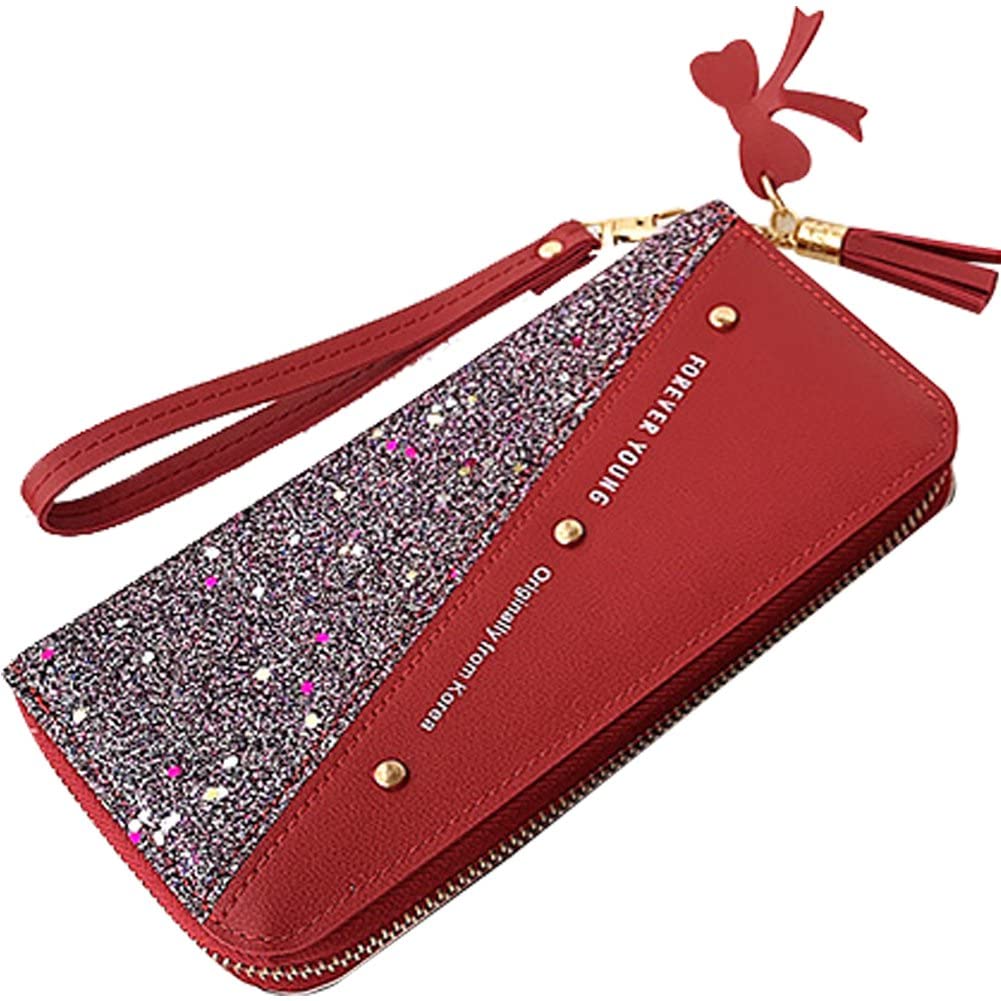 Casiler Women's Red Pu Leather Wallets Sequins Patchwork Glitter Wallet Coin Purse Wallets Girls Gifts