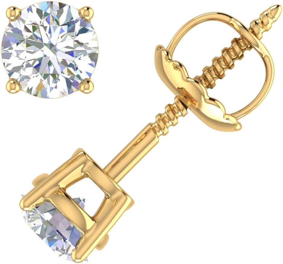 0.5 Carat Round Natural Diamond Stud Earrings for Women in 14K Gold (with Screw Back)