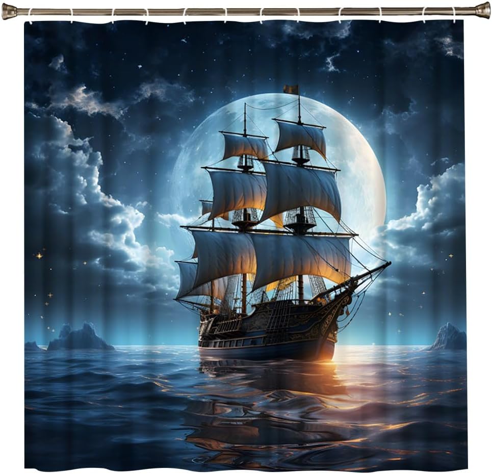 Pirate Ship Shower Curtain Nautical Sailboat Sailing Ocean Adventure Full Moon Cloudy Night Sky Bathroom Decor Set Fabric Polyester with Hooks 84Wx70H Inch