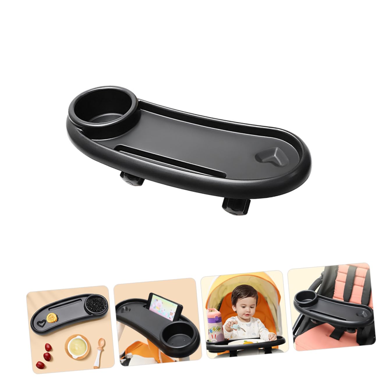 Accessoire Plateau Sécurisé Pratique avec Porte-gobelet Noir et Amovible Repas en Plastique pour Poussette Bébé pour Collation Promenade