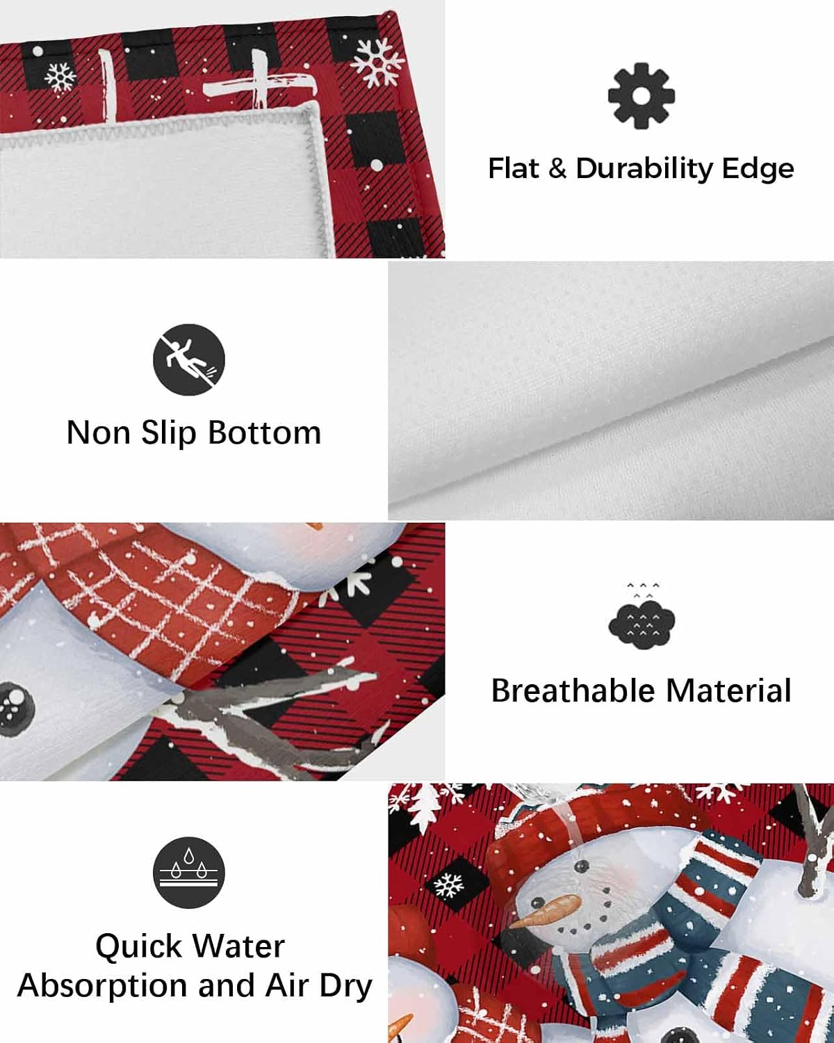 Outdoor Rug, Christmas Snowman Winter Red and Black Buffalo Check Snowflake Xmas Santa Hat Scarf Absorbant Non-Slip Area Rugs Mat Carpet for Patio Balcony Porch Backyard Deck Rv Camping 5x8 ft