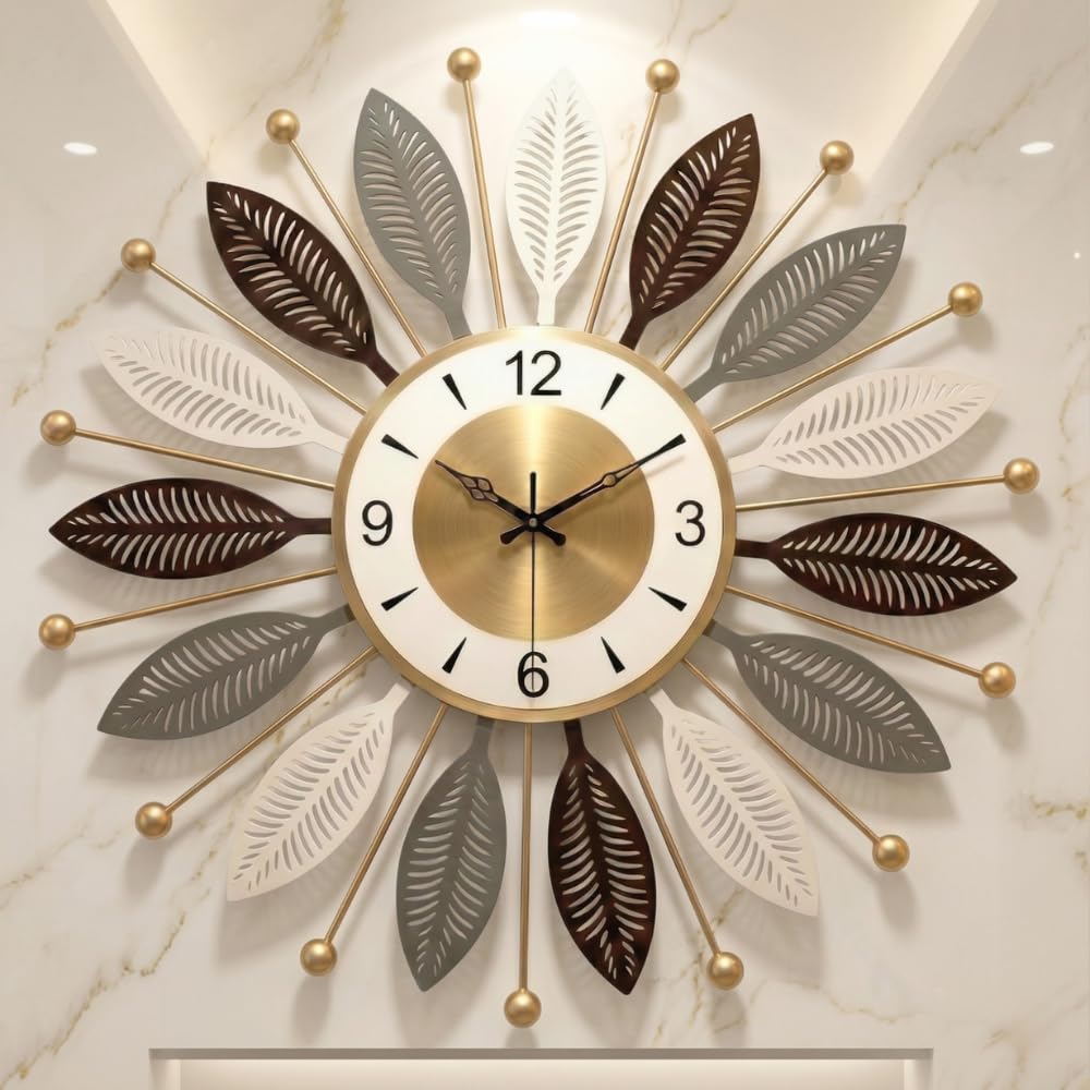 stylish metal wall clock for living room - fancy decorative designer large wall hanging clock leaf pattern bedroom hall modern home decor