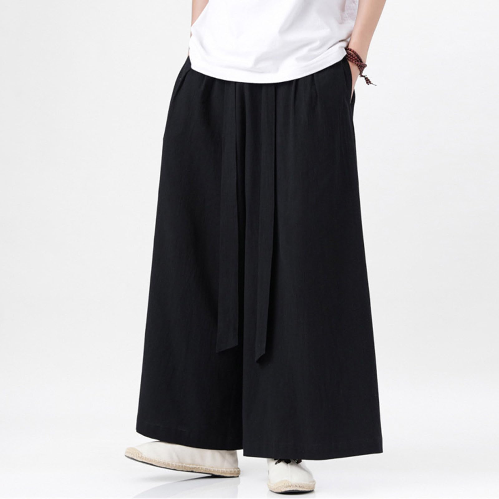 Pantalon de yoga en lin japonais pour homme - Pantalon sarouel baggy Hakama Kung-Fu - Pantalon kimono - Pantalon large - Pantalon de loisirs - Pantalon de jogging en coton et lin - Pantalon