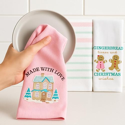 Vista 222 de Serafina Home Toallas de cocina navideñas navideñas: dos muñecos de nieve Be Jolly espiga y un muñeco de nieve bailarín, 3 piezas, tejido plano 100%