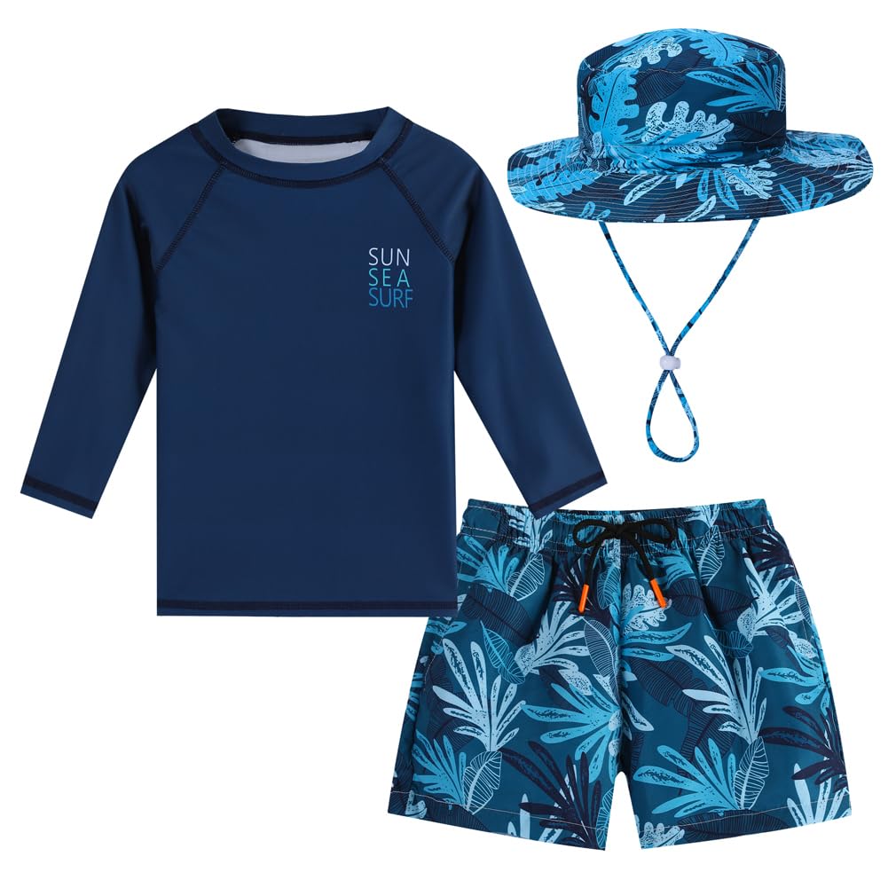 Baby Boys Swimsuit Summer Beach Rash Guard Swimwear Two Piece Sunsuit with Sun Hat(Navy Tropical,2-3T)
