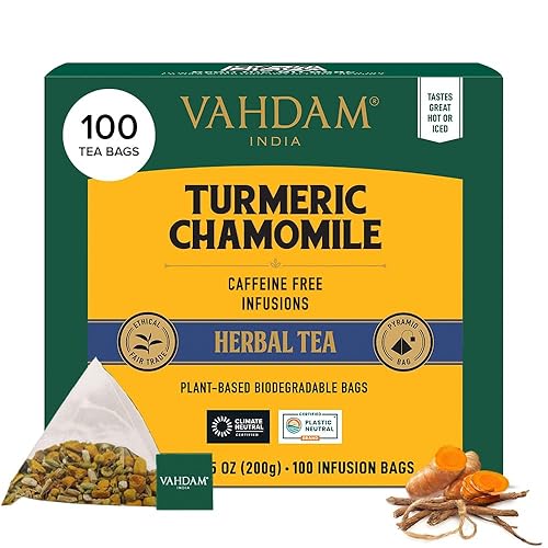 VAHDAM Té de hierbas orgánico de cúrcuma y manzanilla 100 bolsas de té Flores de manzanilla con cúrcuma activa Ingredientes 100 naturales