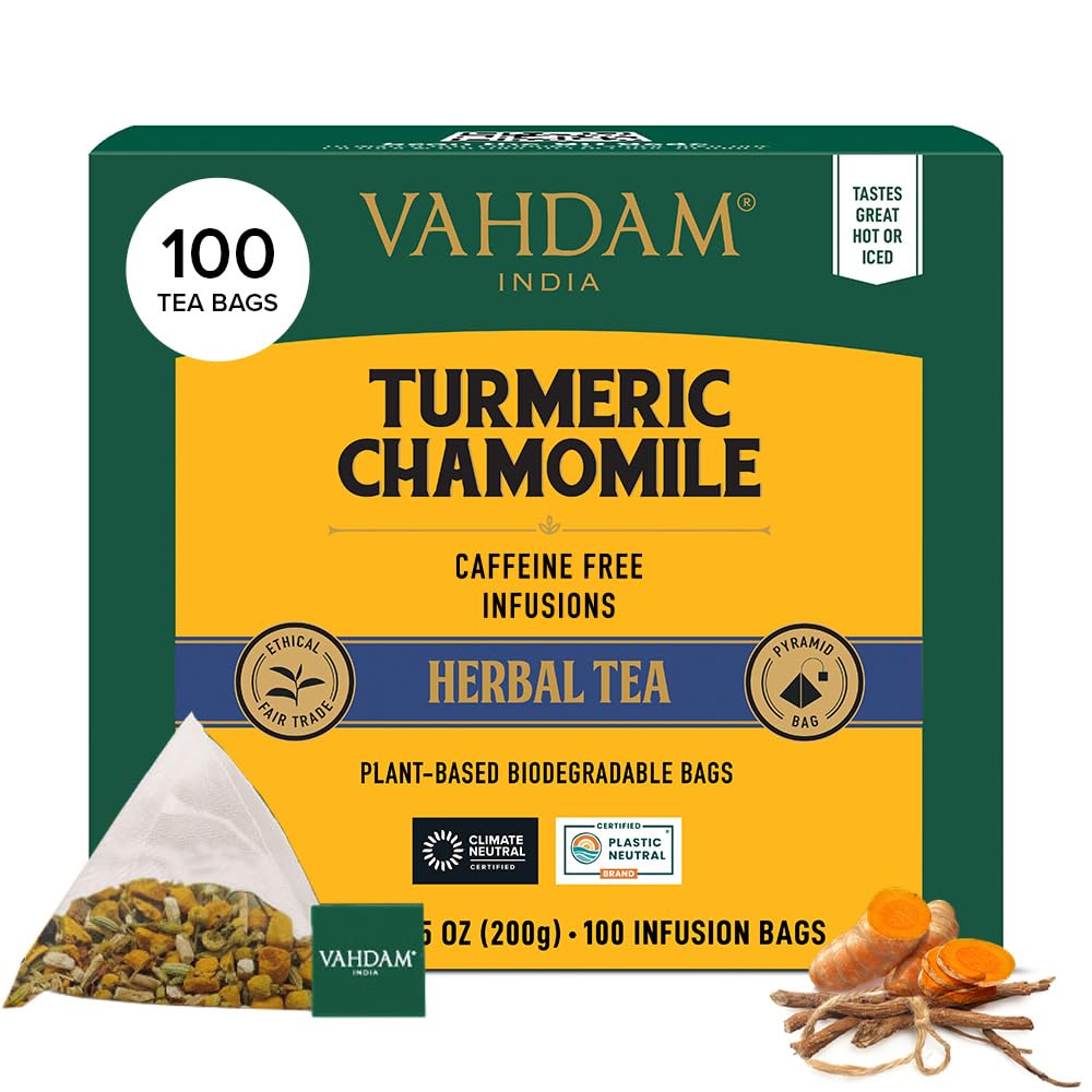 VAHDAM, Turmeric Chamomile Tea Bags (100 Herbal Tea Bags) Caffeine Free,100% Pure Herbal Tisane - Warm, Earthy & Floral | Infused With Chamomile