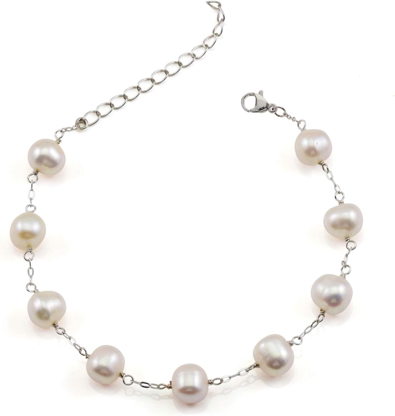 JFUMEFine Jewelry 14K Gold Plated or 925 Sterling Silver Pearl Bracelet Station Bracelet Adjustable Women 7.5" with Extension Chain